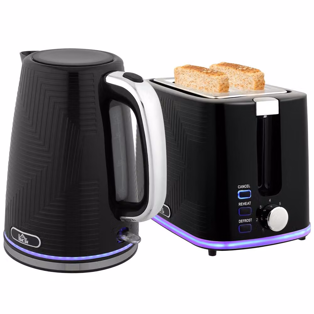 HOMCOM Kettle and Toaster Set in Black with 1.7L Rapid Boil Jug Kettle and 3000W Power – 3