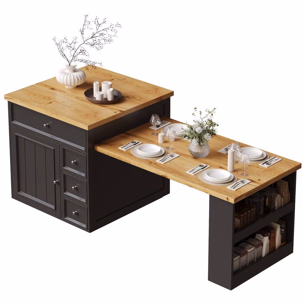 BTM Extendable Kitchen Island Rolling Storage Cart with Drawers in Black – 7