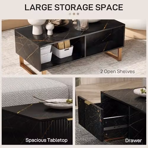 HOMCOM Modern Black and Gold Rectangular Coffee Table with Metal Frame – 5