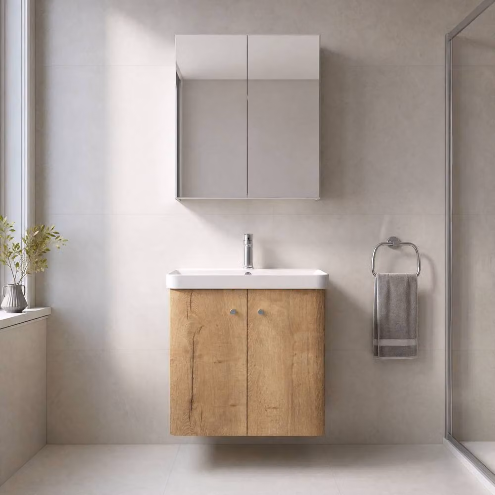 Balterley Flashbrook Wall Hung 2 Door Vanity Basin Unit, Autumn Oak, Brown, Width: 60 cm – 2