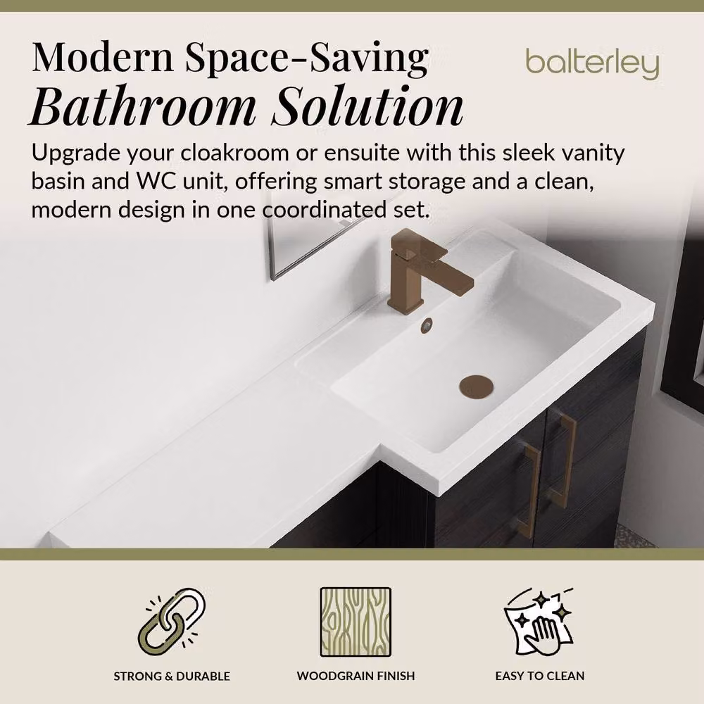 Balterley Modern Matt Black Woodgrain Right-Hand Vanity and WC Unit Combination, W: 110 cm, H: 84 cm – 2