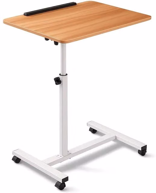 FORGEVIO Height Adjustable Laptop Desk with White Metal Sled Base and Brown Wood Top – 1