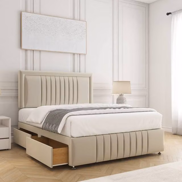 BSSPOKE Lily Divan Bed with 24 inch Headboard and 2 Drawers in Cream Plush Velvet, Super King, W/D/H: 200 x 200 cm