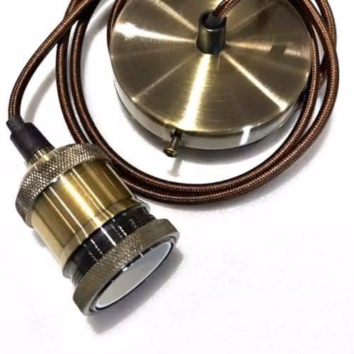 CGC Lighting Cassie Adjustable Suspended Pendant Light with Matching Ceiling Rose, Antique Brass and Bronze with Brown Fabric Cord, E27 Holder – 4
