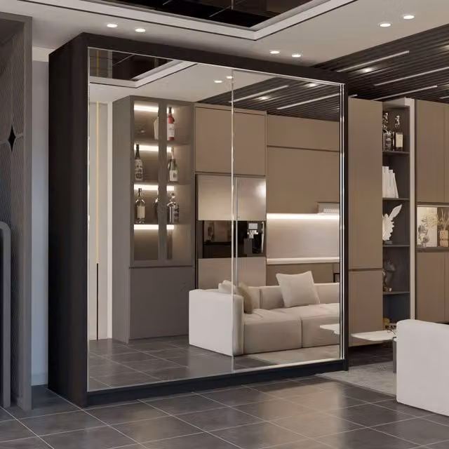 Sliding Wardrobes 4U Queen Double Full Mirror Sliding Door Wardrobe in Black, W: 150 cm, H: 217 cm