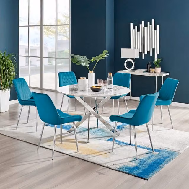 FurnitureboxUK Novara Round White Marble Effect Dining Table and 6 Pesaro Silver Chairs in Blue, Diameter: 120 cm