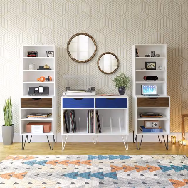 Dorel Home Modern Turntable Stand with 2 Drawers in White and Blue, Width: 80.8 cm