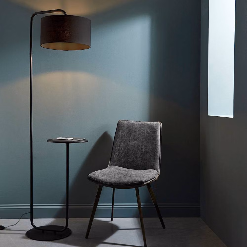 Loops Satin Black Floor Lamp with Side Table and Black Fabric Shade, Height: 175 cm, Shade Diameter: 38 cm – 2