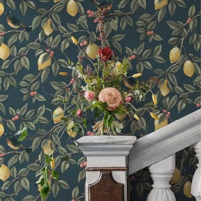 Holden Decor Lemon Leaf Trail Berry Fruit Branch Leaves and Birds Wallpaper in Petrol Blue and Teal