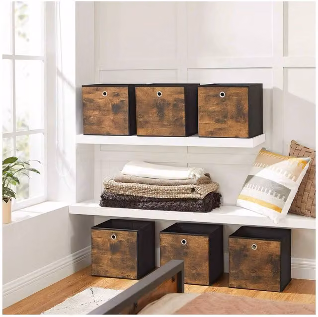 SONGMICS Set of 6 Foldable Fabric Storage Cubes with Handles, Black, W/D/H: 30 x 30 x 27 cm