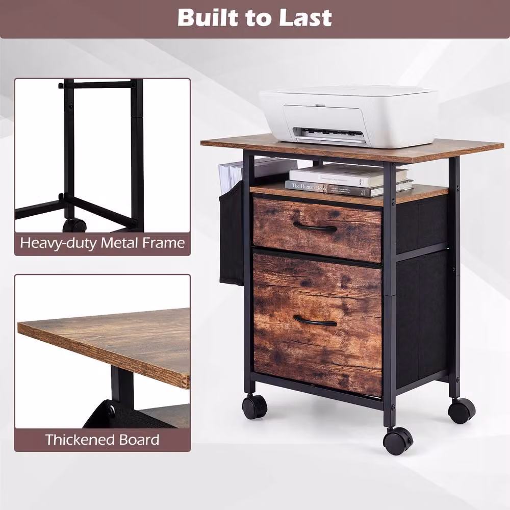 Costway 2-Drawer Mobile File Cabinet and Rolling Printer Stand with Side Bag in Brown – 4