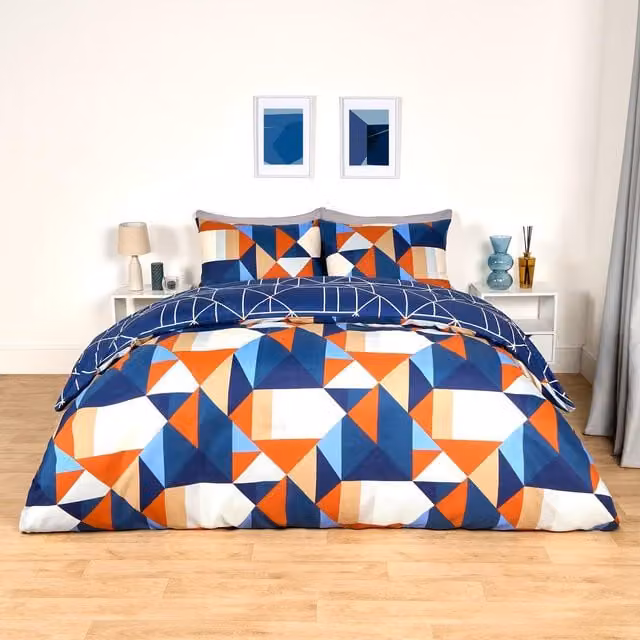 OHS Mason Retro Geo Reversible Duvet Cover Set, Orange and Multicolour, 90 x 200 cm