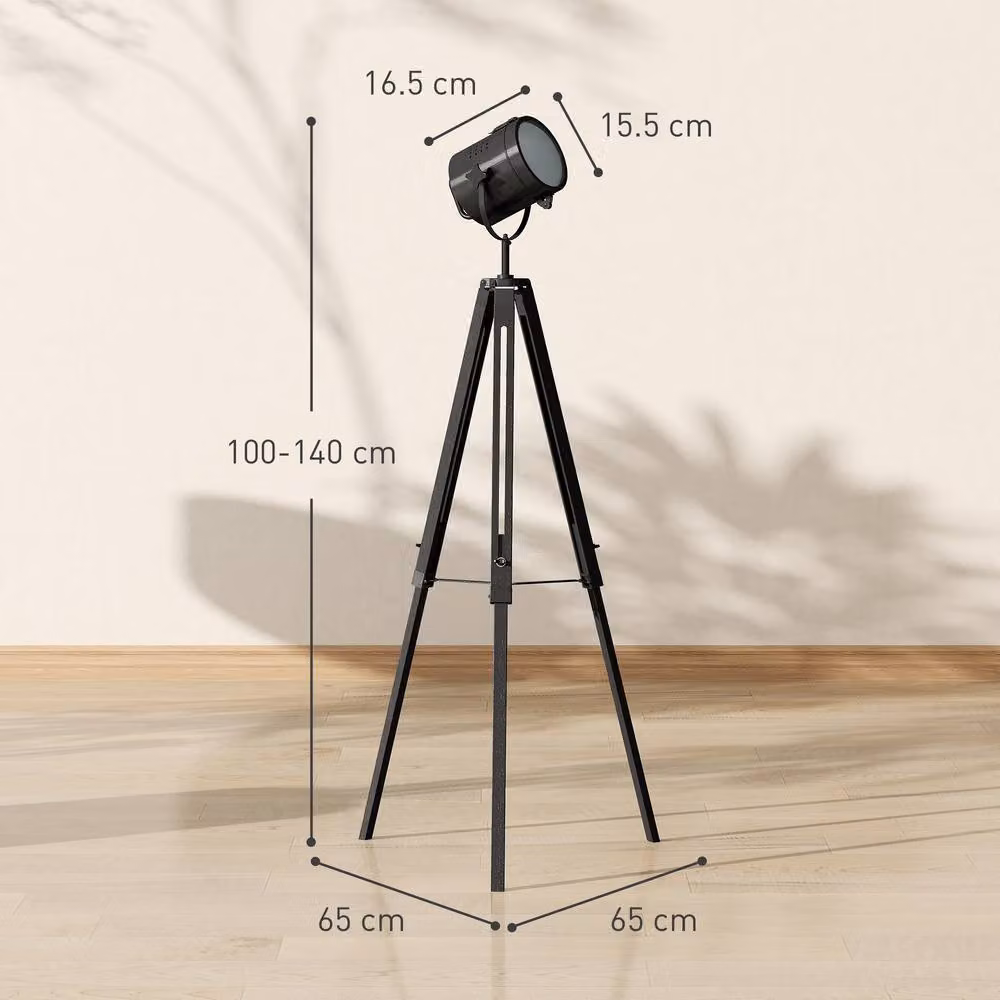 HOMCOM Industrial Tripod Floor Lamp in Black and Wood, Height Adjustable Spotlight – 3
