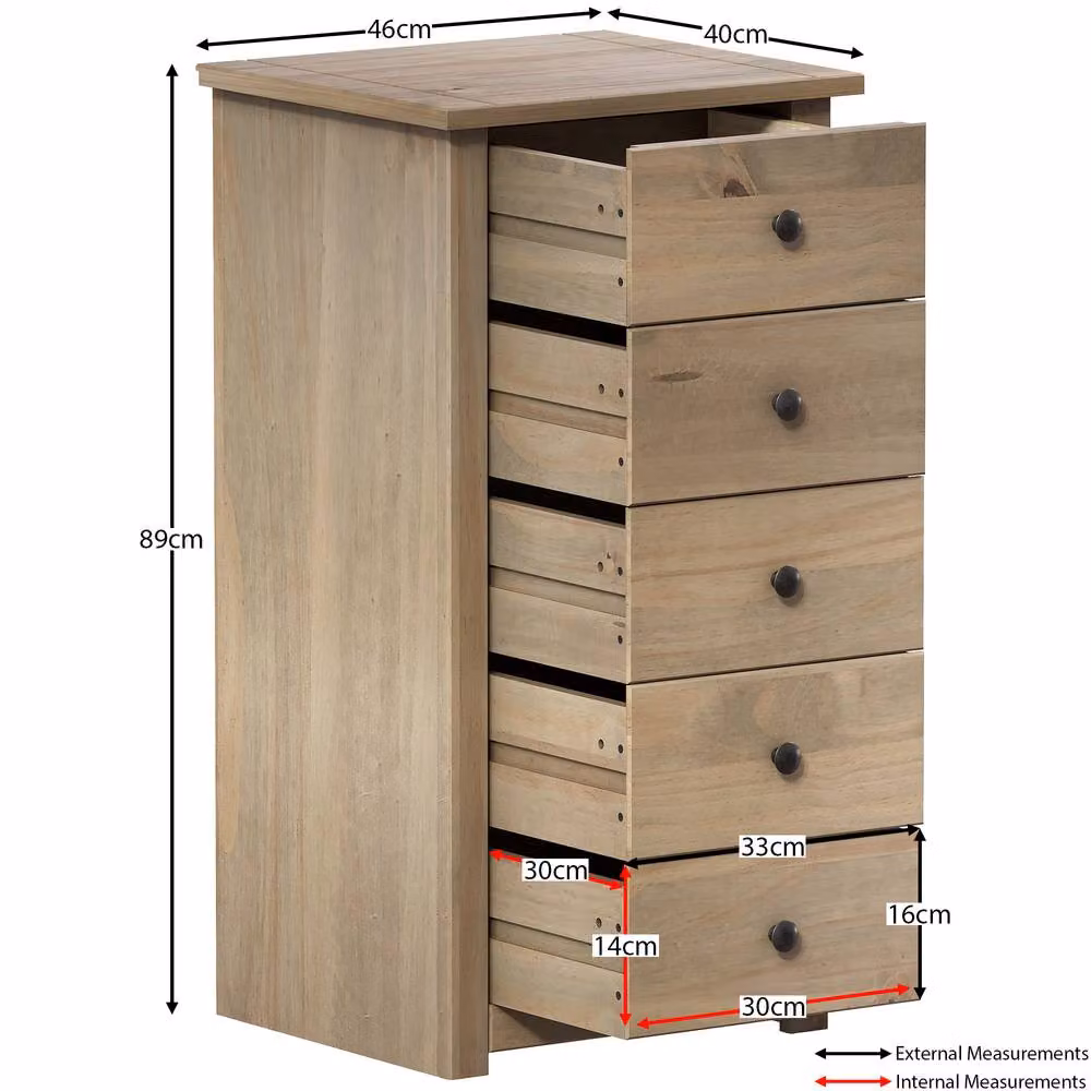 HD Designs Panama Solid Pine 5 Drawer Narrow Chest in Brown – 2