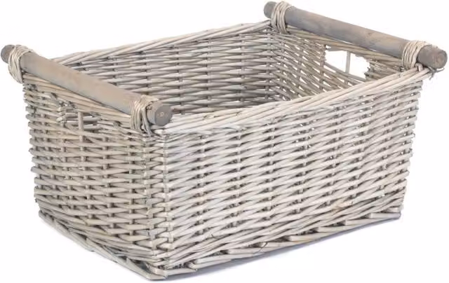Red Hamper Grey Wicker Storage Basket with Wooden Handles, Width: 35 cm