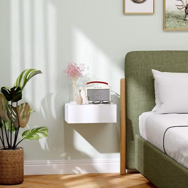 HOMCOM White Wall-Mounted Floating Bedside Table for Bedroom, W: 40 cm, D: 30 cm – 1
