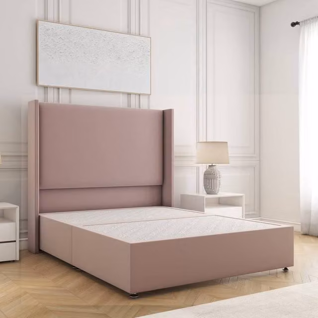 BSSPOKE Austin Single Divan Bed with 54 inch Plush Velvet Headboard in Pink, W/D/H: 90 x 190 cm