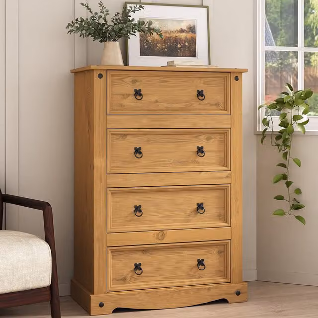 Mews Rustic Waxed Pine 4 Drawer Chest of Drawers in Brown and Black