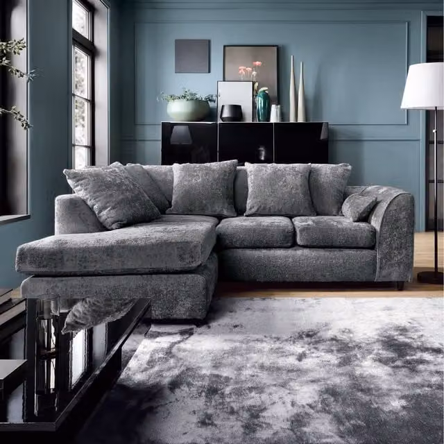 Abakus Direct Harriet Left Facing Corner Sofa in Dark Grey Crushed Chenille Fabric with Scatter Cushions