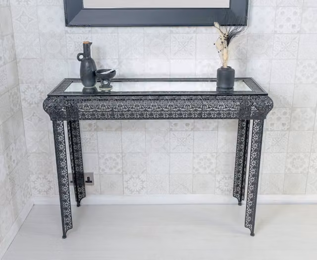 Downton Interiors Agadir Collection Black Embossed Metal and Mirrored Glass Rectangular Console Table