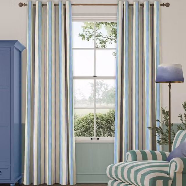 Bluebellgray Seaside Stripe Atlantic Made To Measure Blackout Eyelet Curtains in Blue Cotton