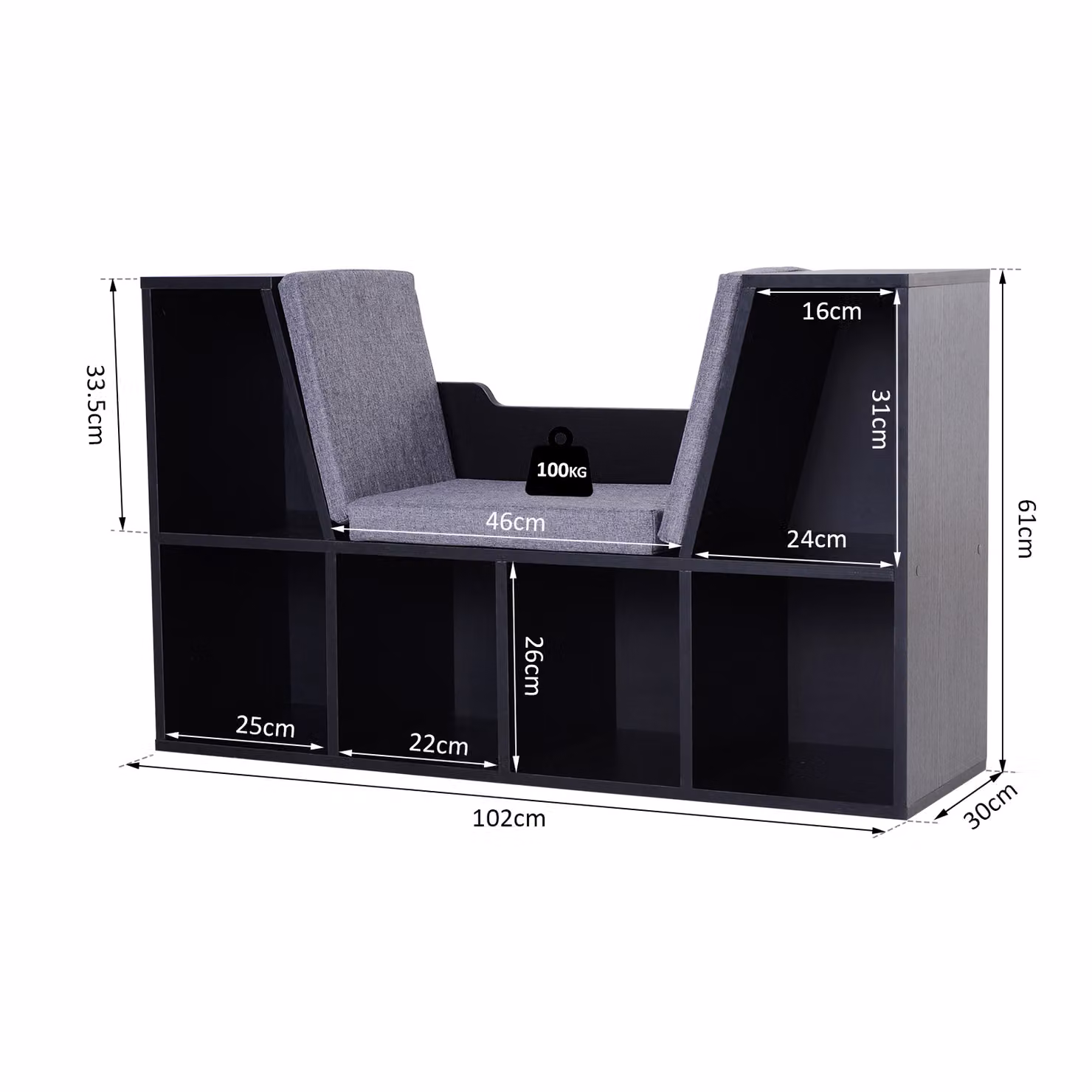 HOMCOM Black Bookcase Shelf Storage Seat with Cushion for Childrens Bedroom or Living Room – 3