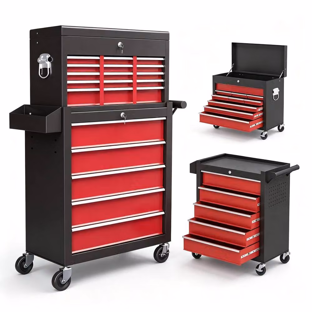 STILVORA Steel Tool Storage Chest with 14 Lockable Drawers and Wheels, Red, H 76 cm x W 60 cm x D 75 cm – 5
