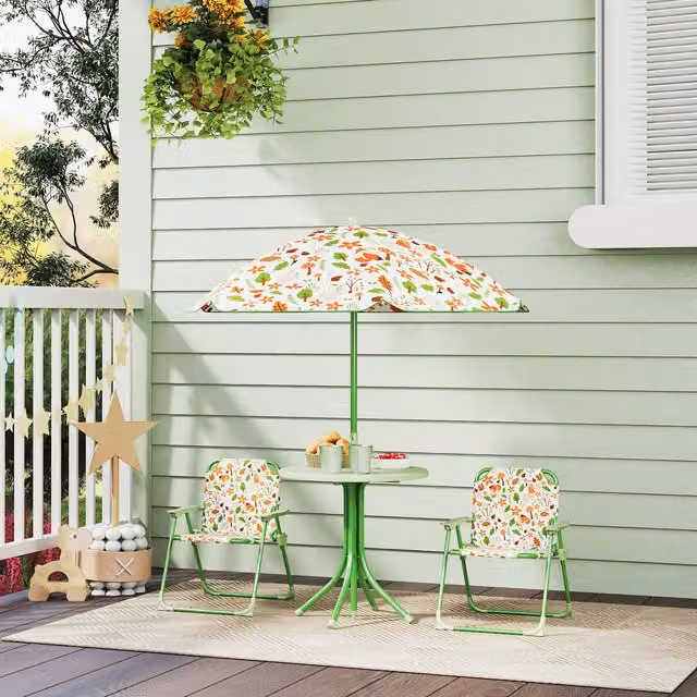 AIYAPLAY Kids Picnic Table with Folding Chairs and Parasol in Green Floral Design