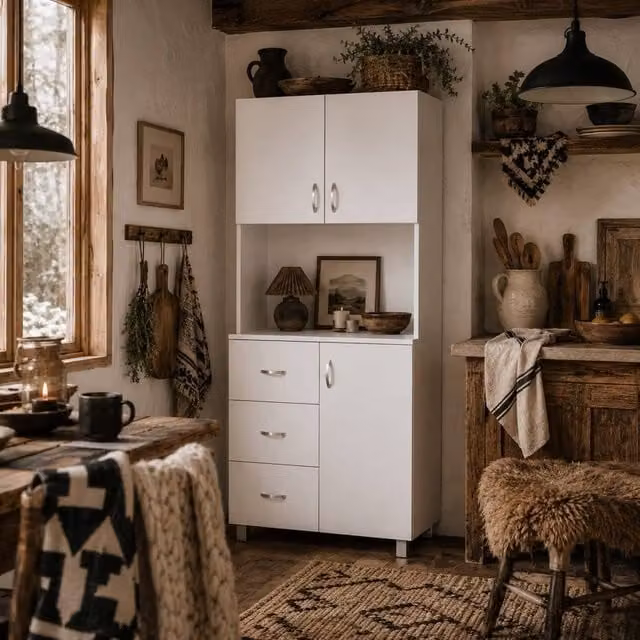 Wyld Haus Dika White Tall Kitchen Storage Cabinet with Doors and Drawers H 183.5 x W 80.0 x D 39.5 cm – 1