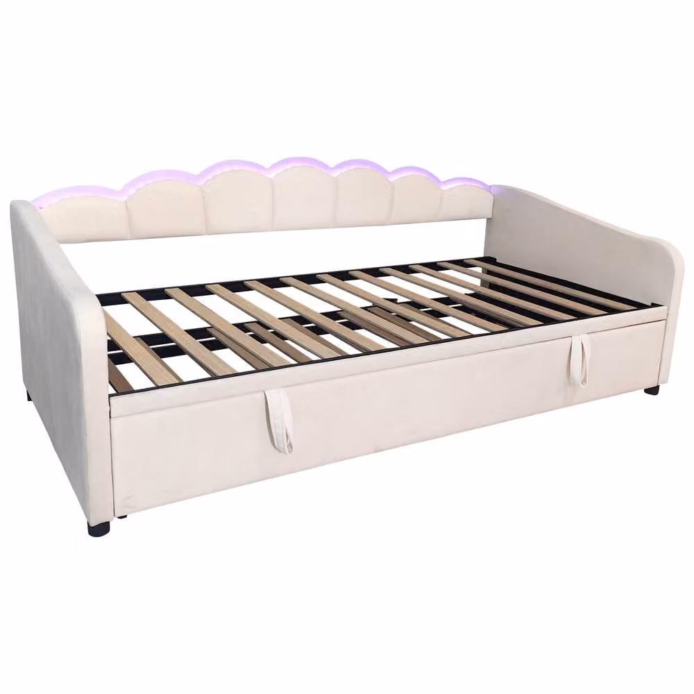 BTM Petal Shape Velvet Daybed with RGB LED Under-Bed Lighting and Lift-Up Base in Beige, 90 x 190 cm – 3
