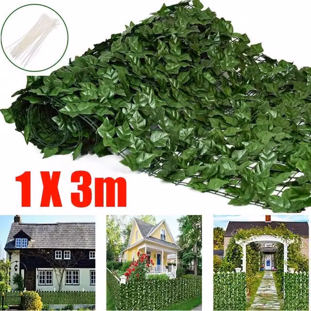 FLAVORA 3pc Artificial Ivy Leaf Screening Trellis Hedge Garden Fence, Green, W: 100 cm, H: 15 cm