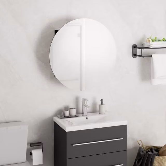 Berkfield Home Black Wall Mounted Bathroom Cabinet with LED Integrated Round Mirror, W/D/H: 40 x 40 x 17.5 cm – 1