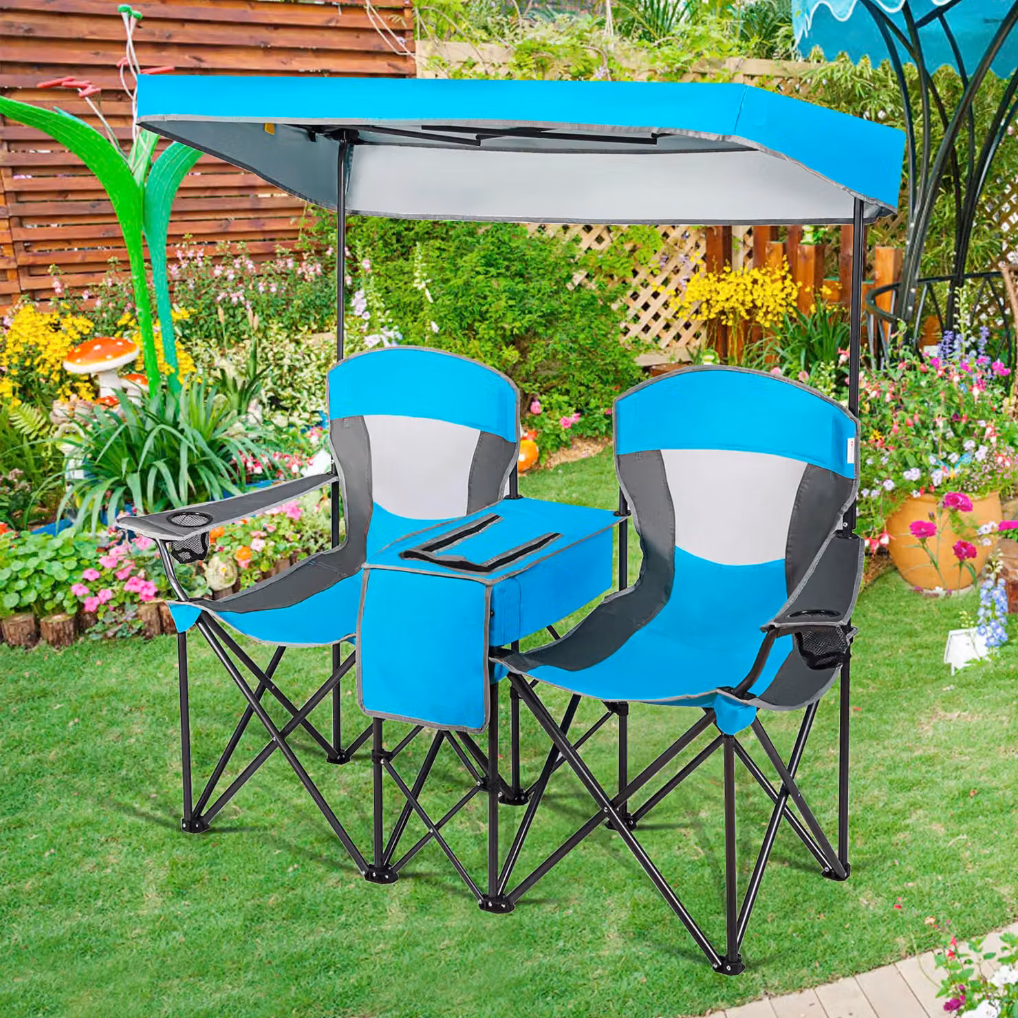 Gymax Double Sunshade Folding Chairs in Blue with Sun Canopy, Armrests and Cup Holders – 8
