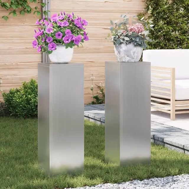 Berkfield Home Outdoor Pillar Plant Stands, 2 Piece Set in Silver Galvanised Steel, W/D/H: 24 x 24 x 75 cm