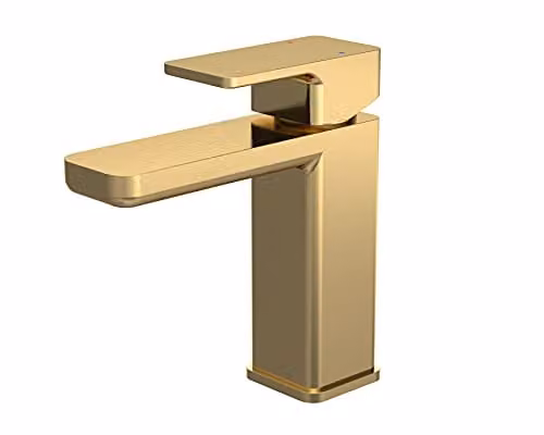 nuie WIN805 Windon Modern Bathroom Square Mono Basin Mixer Tap with Single Lever Handle and Push Button Waste, Brushed Brass – 1