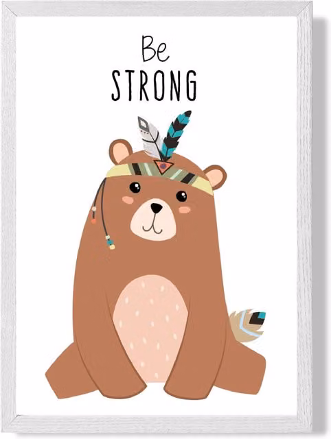 ARTZE Be Strong Bear Tribal Animal Quote Framed Print, White Frame, Brown, A2