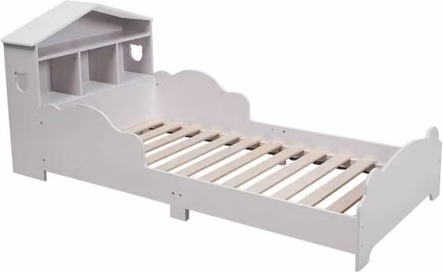 PAWNORA Solid Wood Toddler Bed Frame with House Frame and Side Compartments in White