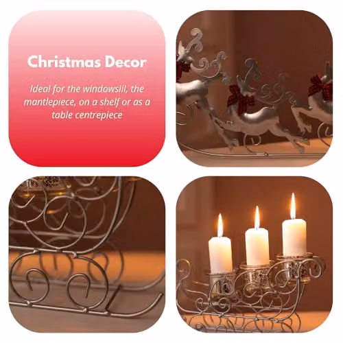 Marco Paul Interiors Silver Sleigh Reindeer Glass Tealight Holder Christmas Table Centrepiece – 6