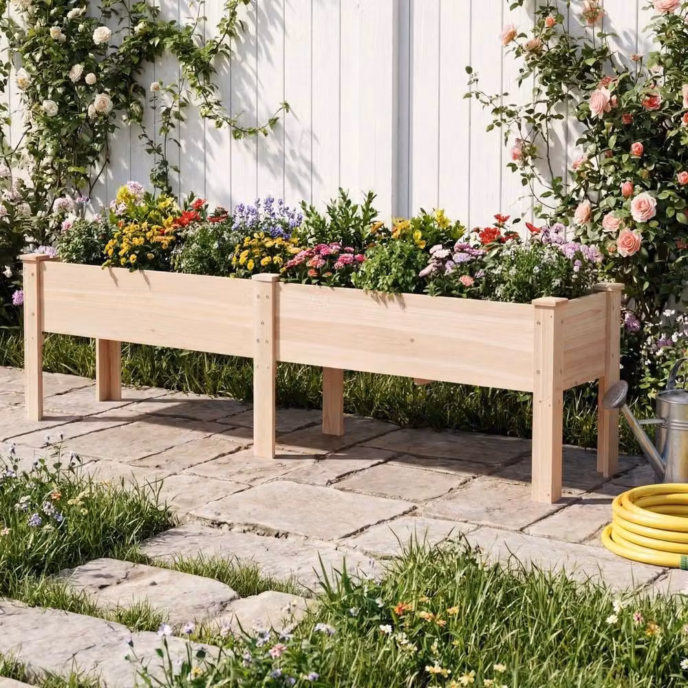VOGREX Brown Fir Wood Raised Garden Bed with Legs, W: 240 cm, D: 44 cm, H: 51.5 cm – 2