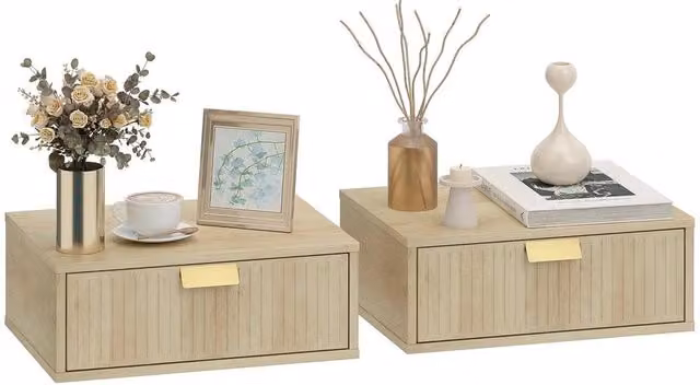 VOGREX Set of 2 Oak Floating Nightstands with Wave Drawers in Light Oak Brown – 1