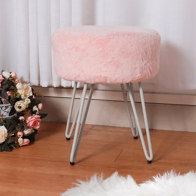 Livingandhome Plush Round Velvet Dressing Table Stools in Pink and White
