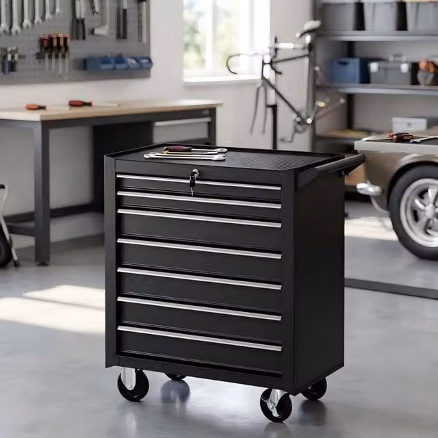 STILVORA 7-Drawer Steel Tool Chest on Wheels with Lockable Drawers in Black