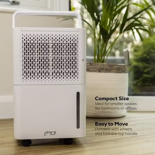 TCP 6L Portable Dehumidifier in White with 2.1L Water Tank, Sleep Mode, Continuous Drainage and Timer – 2