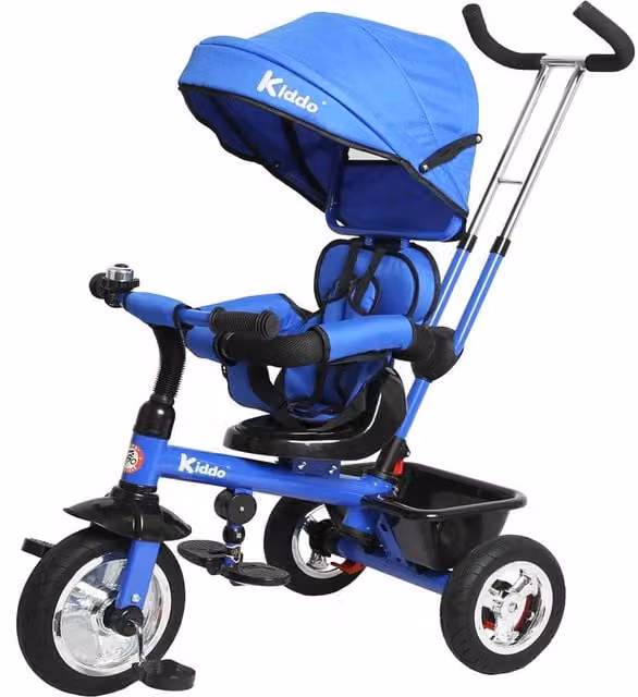 Kiddo 4-in-1 Smart Design Metal Frame Tricycle with Canopy and Push Handle, Blue