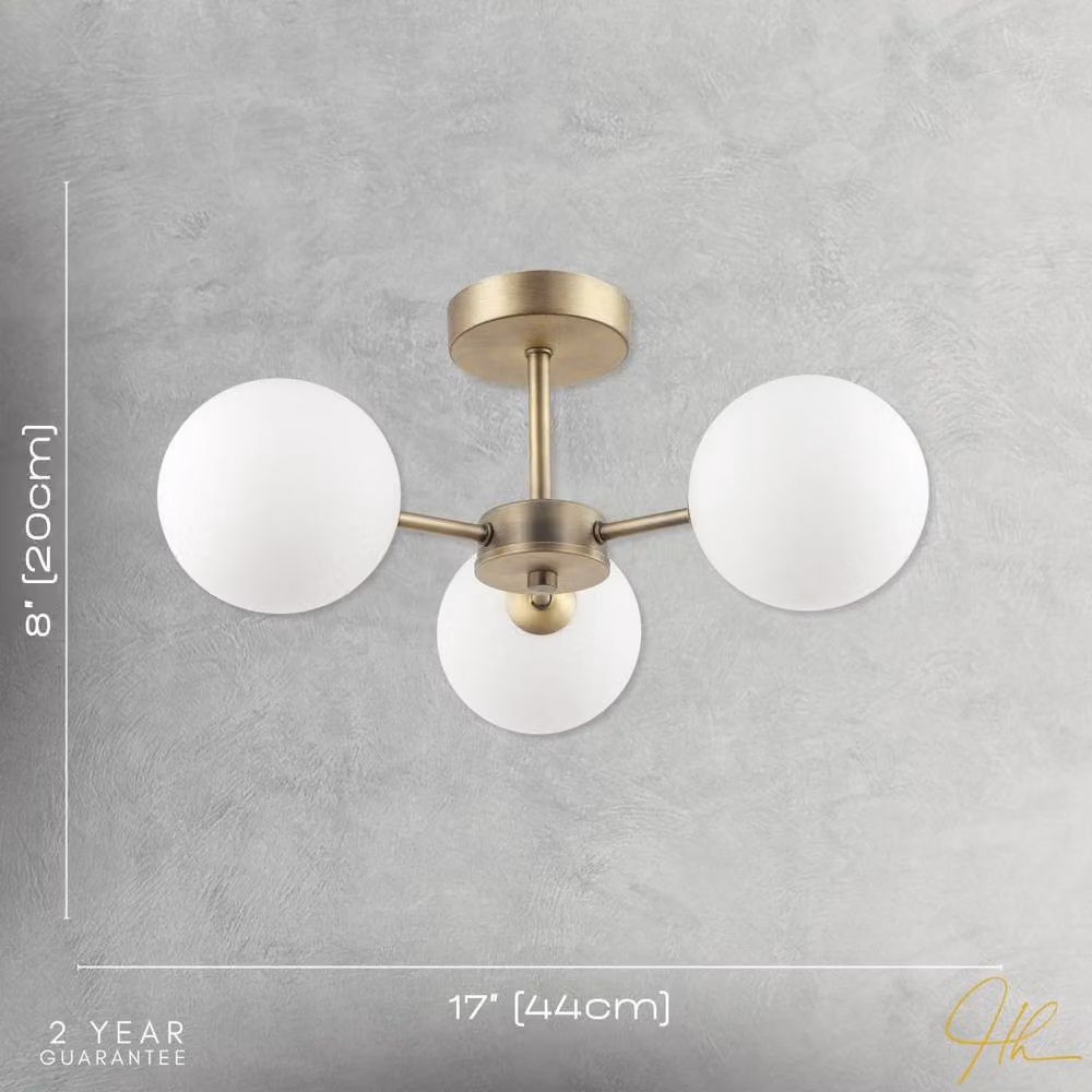 Happy Homewares Modern Brass Ceiling Lamp with White Glass Sphere Shades in Gold – 3