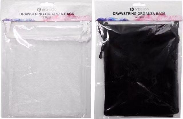 Art Studio Pack of 4 Drawstring Craft Organza Textile Bags in Black, White and Multicolour