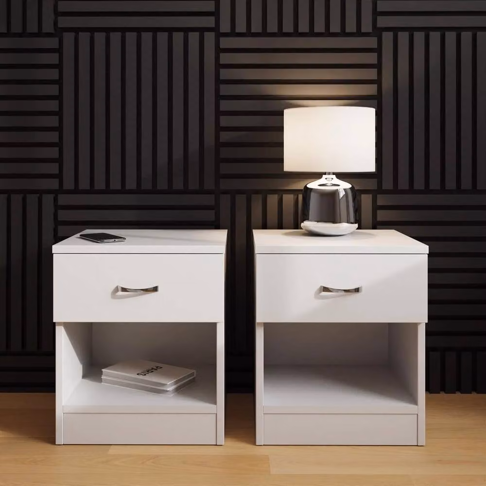 VOGREX Matt White Bedside Table with Chrome Handles and Open Shelf – 2