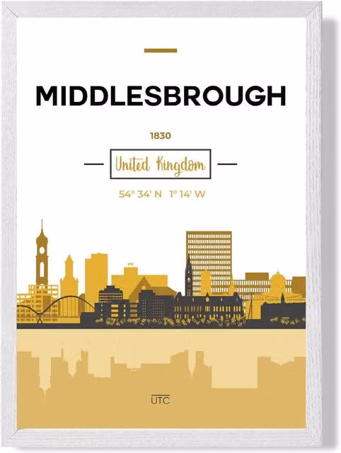 ARTZE Middlesbrough City Skyline Framed Print in Yellow, Black and White, A3 Size