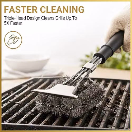 SHATCHI Heavy Duty BBQ Cleaning Brush with Scraper, Stainless Steel Wire Bristles and Long Handle for Gas or Charcoal Grills, Black and Silver – 6