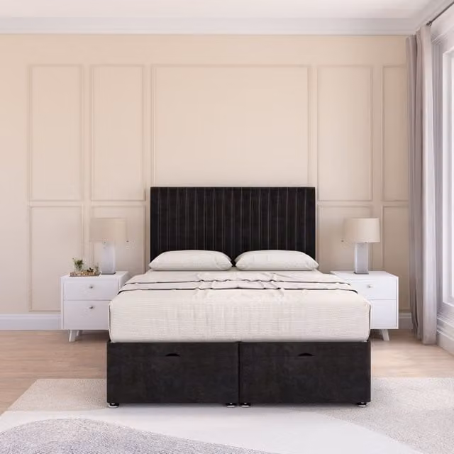 Sloomy Manhattan Black Plush Fabric Ottoman Bed with Sprung Memory Mattress and 54 Inch Floorstanding Headboard, Size: Small Double